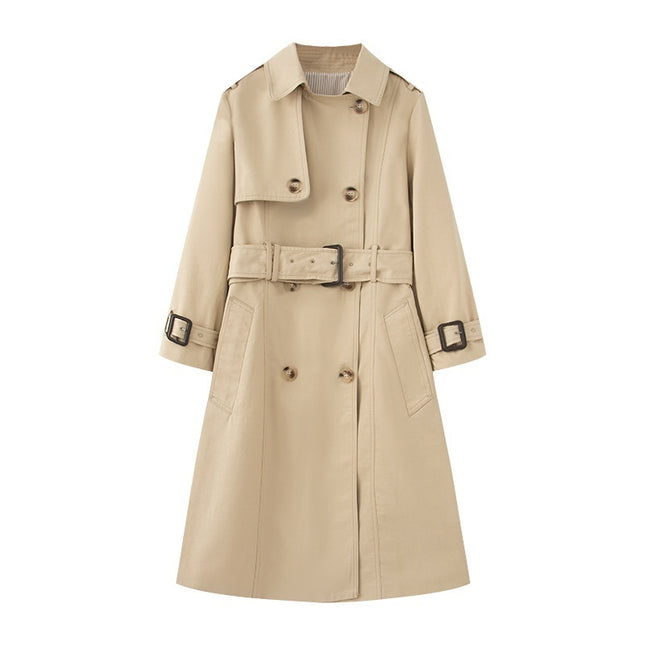 Beige trench coat with a belt on a white background