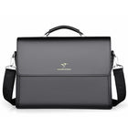 Gray briefcase with a visible brand logo on a white background