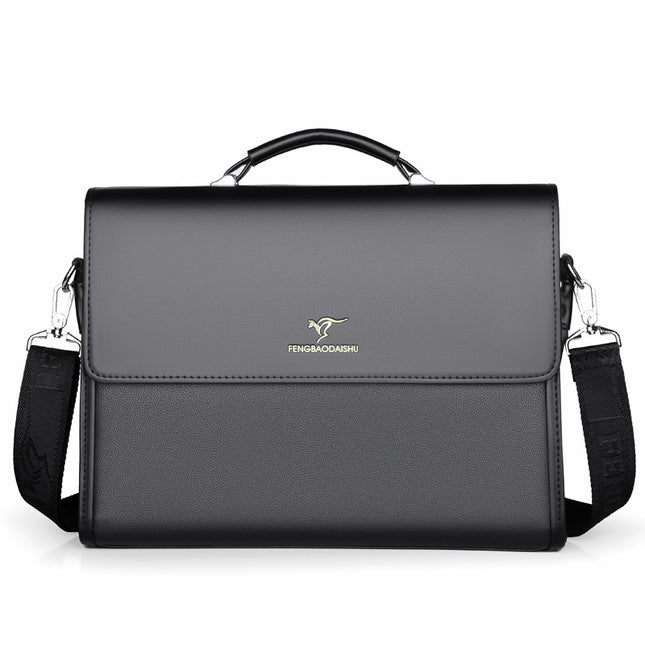 Gray briefcase with a visible brand logo on a white background