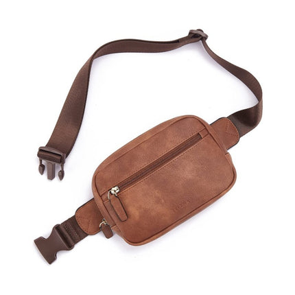 Brown leather waist bag with a strap on a white background