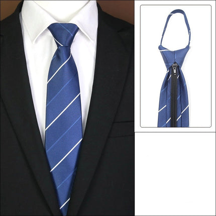 Blue striped tie with a zipper on a suit.