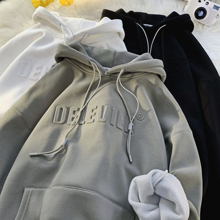 Gray hoodie with 'DEEVIL' branding on a light background
