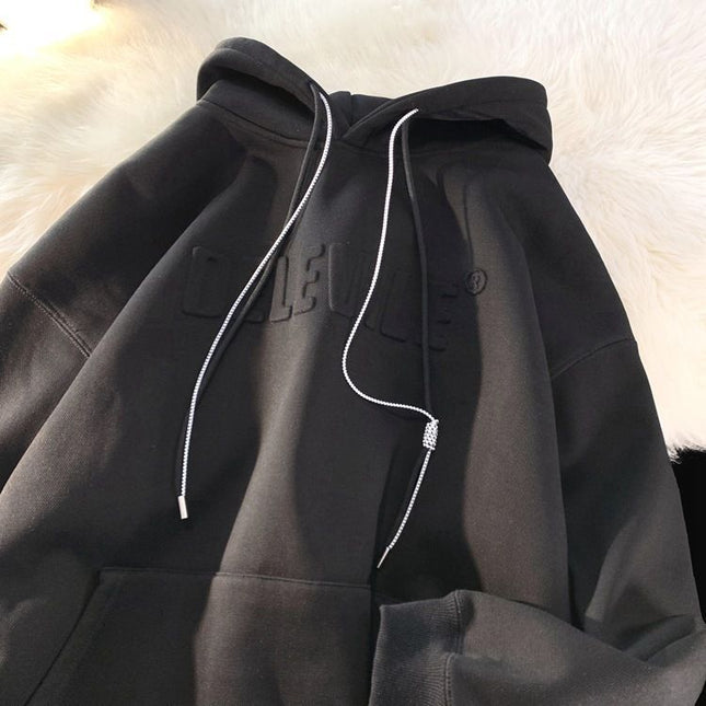 Black hoodie with white drawstrings