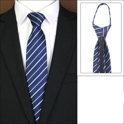 Blue striped tie with knot-free zipper feature on a mannequin and close-up inset.