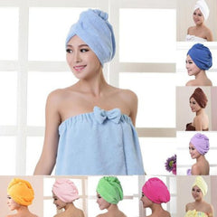 Woman wearing a blue towel with multiple images of her using the towel in different colors.