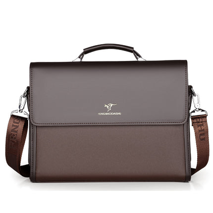Brown leather briefcase with shoulder strap on a white background