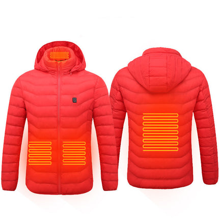 Red heated jacket shown from front and back on a white background