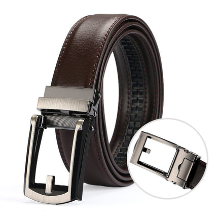 Brown leather belt with silver buckle on a white background