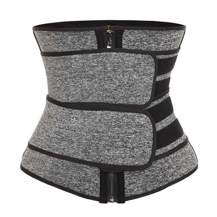 Gray waist trainer with black accents on a white background