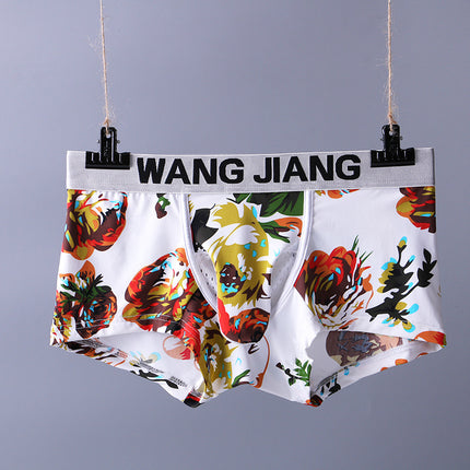 Colorful floral-patterned underwear hanging on a line with 'WANG JIANG' branding.
