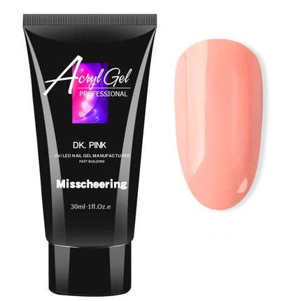 Black Acryl Gel tube with a pink nail gel sample on a white background