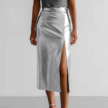 Women's silver high waist skirt with side slit, solid pattern, made of polyester fiber, styled with a casual top.