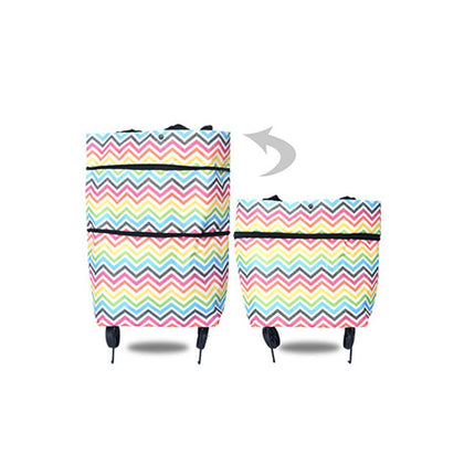 Two colorful striped bags with wheels and an adjustable strap on a white background.
