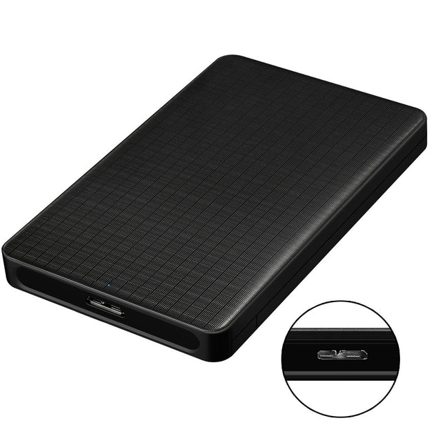 Black external hard drive with grid pattern on a white background