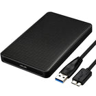 Black external hard drive with USB cable on a white background