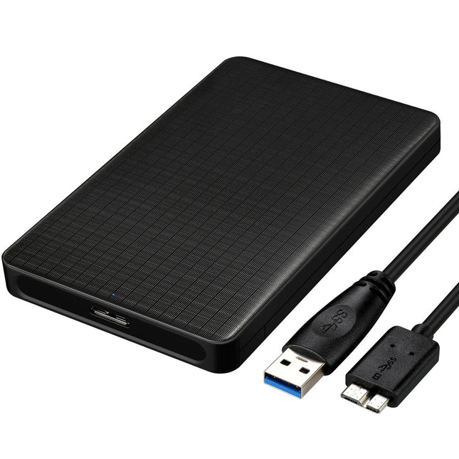 Black external hard drive with USB cable on a white background