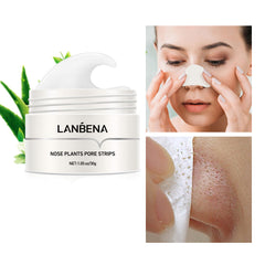 LANBENA nose plant pore strips packaging with a woman applying them, aloe vera leaf, and close-up of skin before and after use.