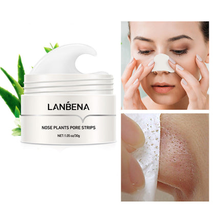 LANBENA nose plant pore strips packaging with a woman applying them, aloe vera leaf, and close-up of skin before and after use.