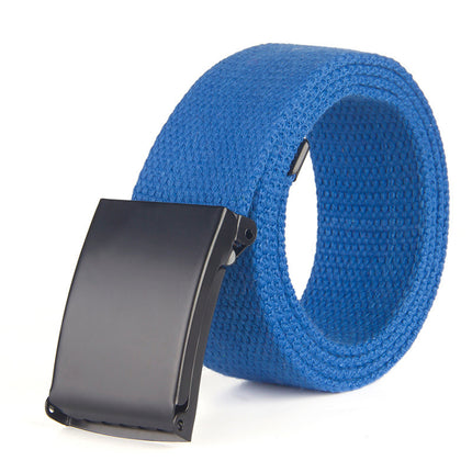 Blue belt with a black buckle on a white background