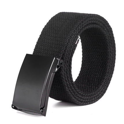 Black woven belt with a black buckle on a white background