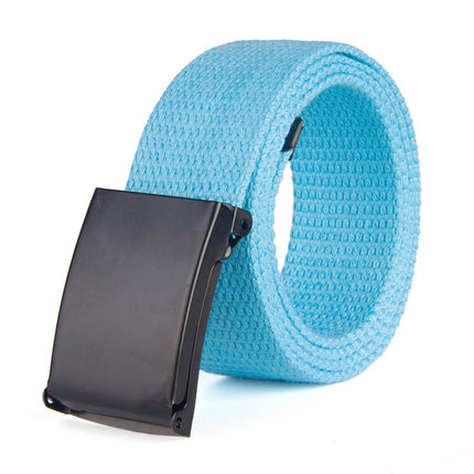 Blue belt with a black buckle on a white background