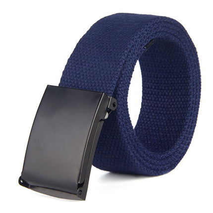 Navy blue belt with a black buckle on a white background