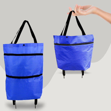 Blue folding shopping cart with wheels on a gray background