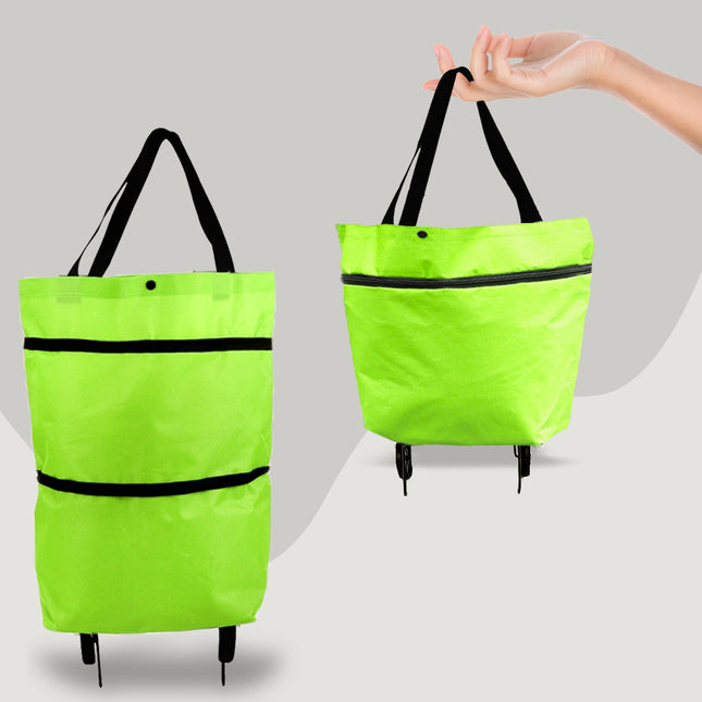 Green shopping bag with black straps and wheels on a gray background