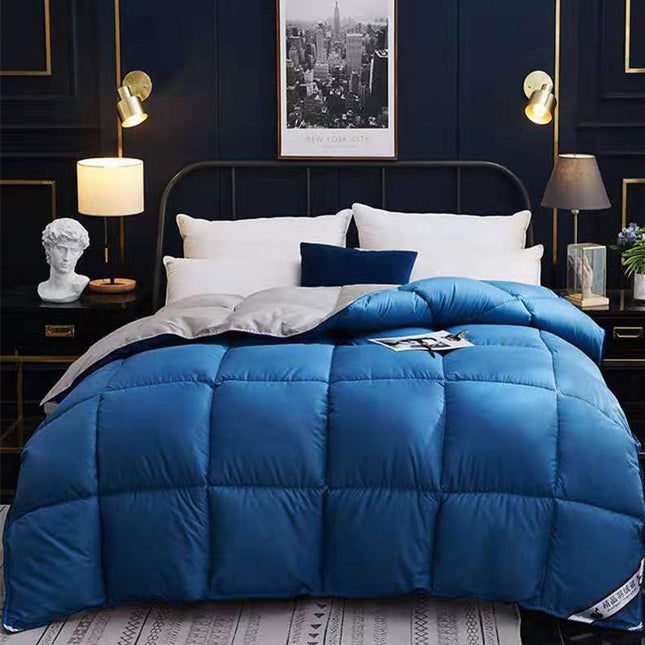 Blue comforter on a bed in a stylish bedroom with dark walls and decorative elements.