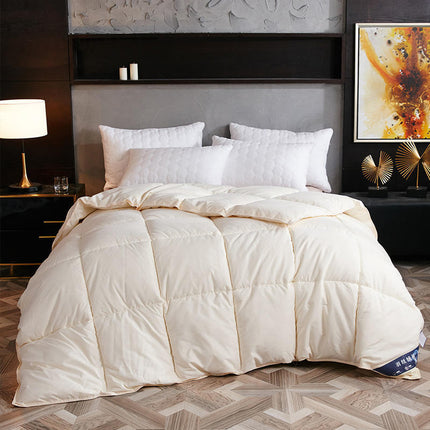White comforter on a bed in a bedroom setting with decorative elements.
