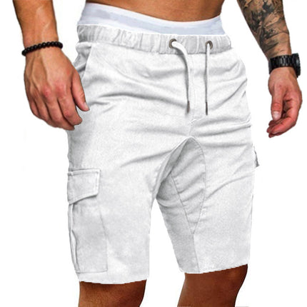 White cargo shorts worn by a person on a white background