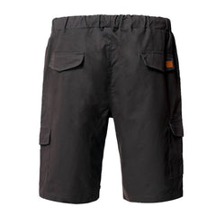 Black cargo shorts with multiple pockets on a white background
