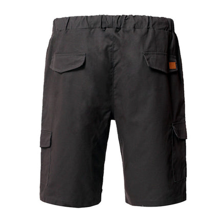 Black cargo shorts with multiple pockets on a white background