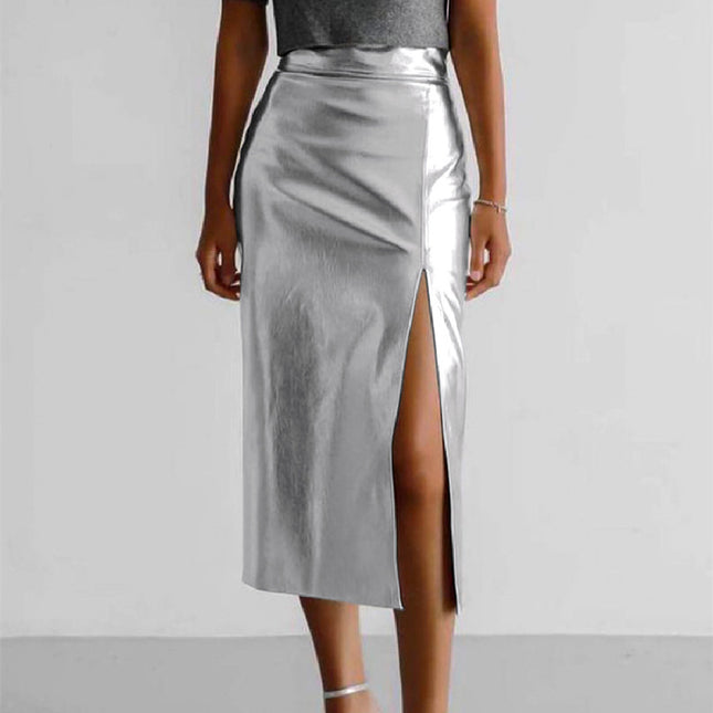 Women's silver leather high waist skirt with a stylish side slit, perfect for chic, modern outfits.