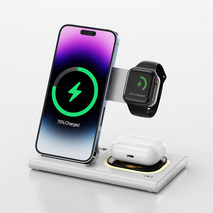 Wireless charging stand with smartphone, smartwatch, and earbuds on a white background