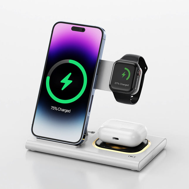 Wireless charging stand with smartphone, smartwatch, and earbuds on a white background