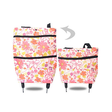 Two floral-patterned bags with wheels on a white background, labeled 'adjustable'.
