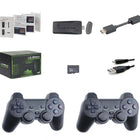 List of items included in a gaming console package with controllers, game stick, and accessories.