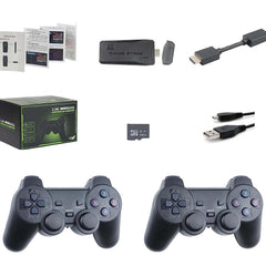 List of items included in a gaming console package with controllers, game stick, and accessories.