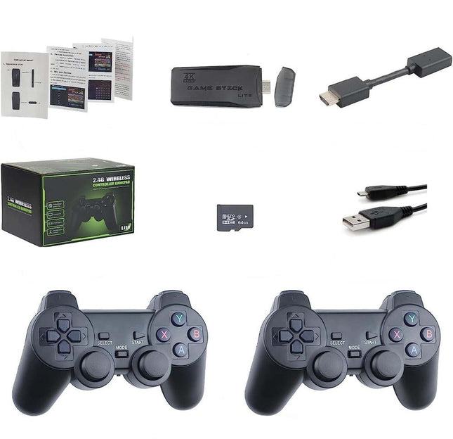 List of items included in a gaming console package with controllers, game stick, and accessories.