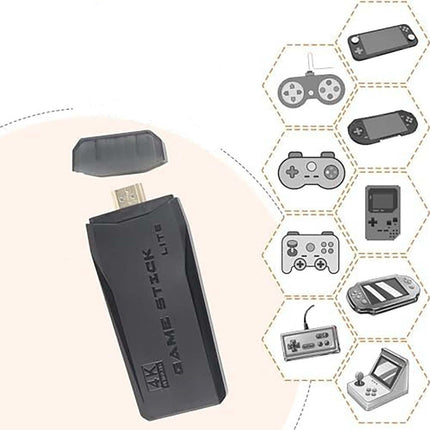 Game Stick Lite with text about built-in emulators and games on a white background