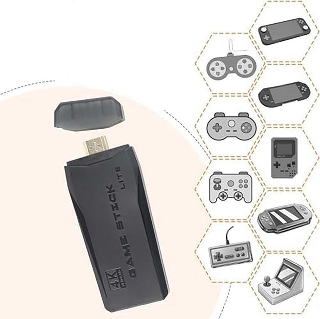 Game Stick Lite with text about built-in emulators and games on a white background