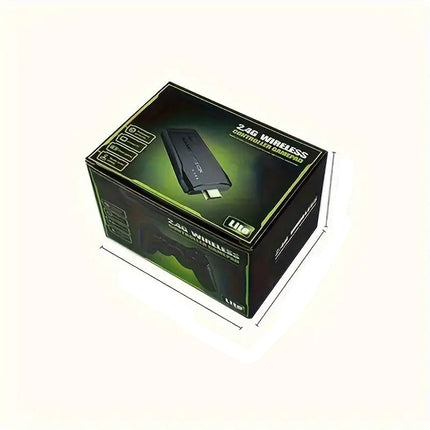Gaming controller packaging box with dimensions on a white background