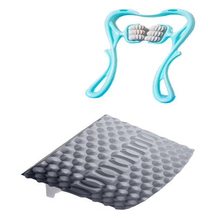 Turquoise handheld massager with a close-up of its textured surface on a white background.