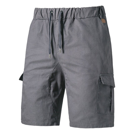 Gray cargo shorts with drawstring on a white background