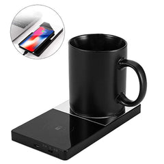 Black mug on a wireless charging pad with smartphone on top, labeled '2 IN 1 (Upgrade)'.
