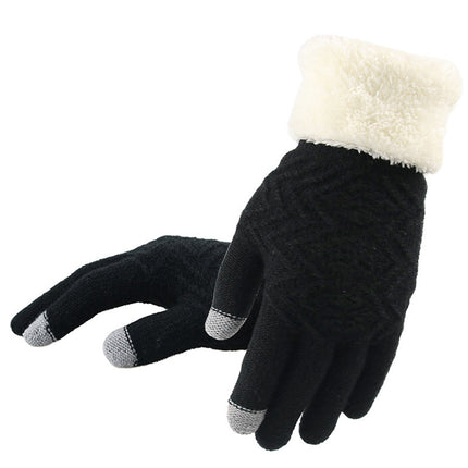 Black gloves with white fur cuff on a white background