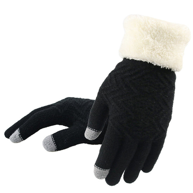 Black gloves with white fur cuff on a white background