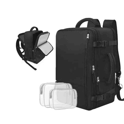 Black backpack with additional compartments on a white background