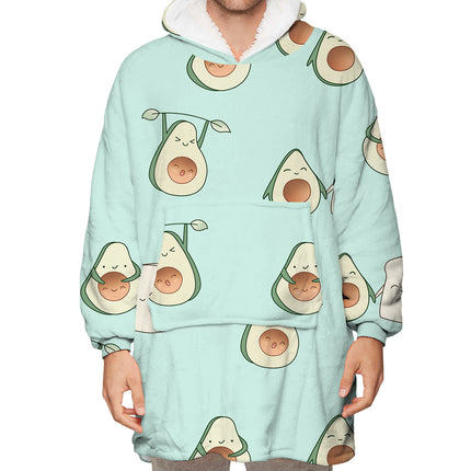 Light blue hoodie with avocado pattern worn by a person on a white background